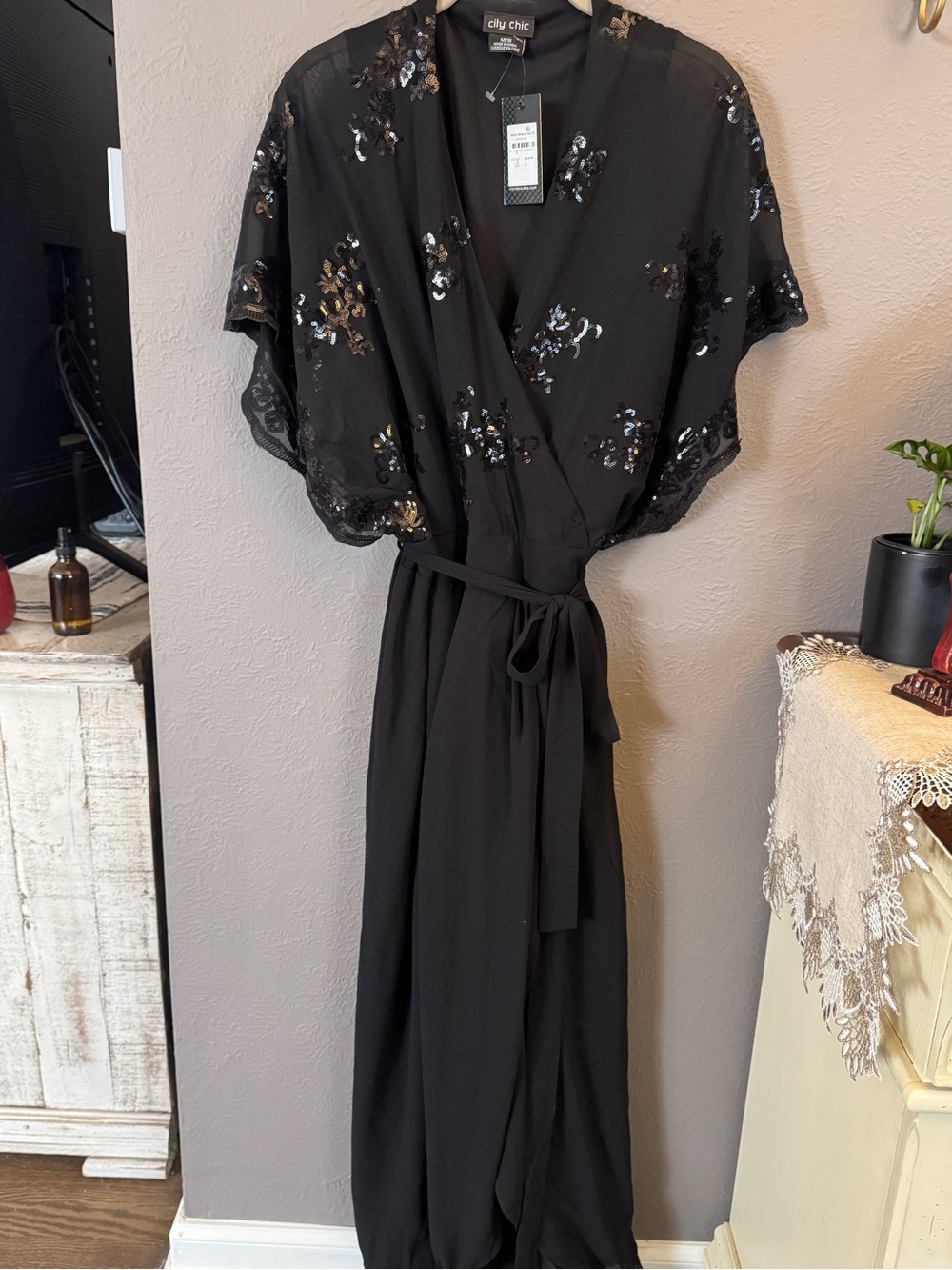 City Chic Black Sequin Wrap Maxi Dress Plus Size Elegant Evening Gown NWT